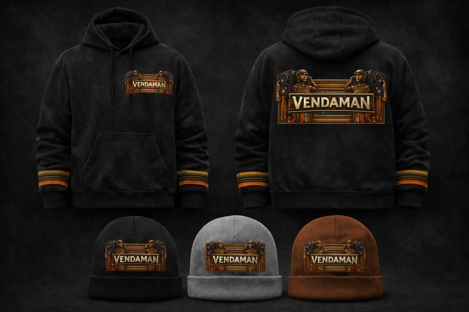 Vendaman black hoodies and beanies with gold emblem